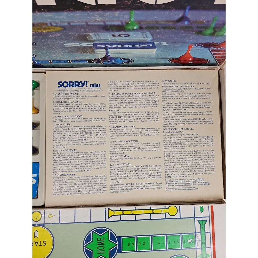 Vintage 1972 Sorry Board Game Parker Brothers Slide Pursuit No. 390 COMPLETE